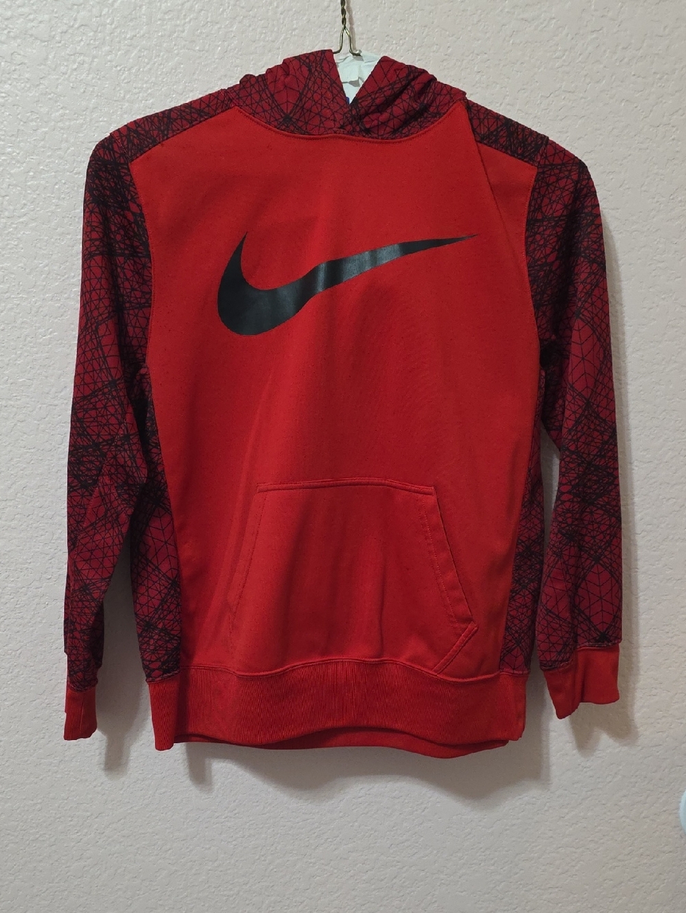 Nike Red Pullover Hoodie with Black Swoosh and Patterned Sleeves